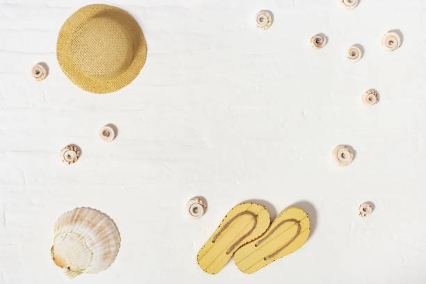 istock Sun hat and pair of flip-flops on white background. Copy space. 1135572189