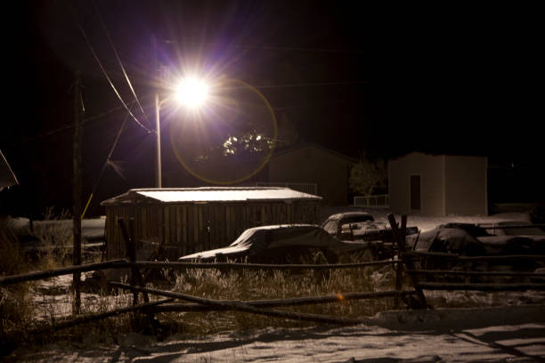 snowy mountain town at night - natural basin imagens e fotografias de stock