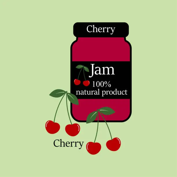 Vector illustration of Cherry jam in a glass jar. Vector illustration in flat style. - Vector