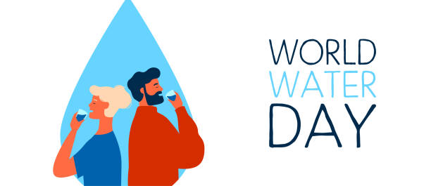 World Water Day banner for safe drinking waters World Water Day web banner illustration of man and woman drinking. Safe clean drink waters concept for global environment care awareness. day drinking stock illustrations