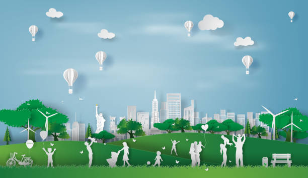 ilustrações de stock, clip art, desenhos animados e ícones de paper art style of eco landscape in the new york city america with happy family having fun,people big family enjoy fresh air in outdoor park,illustration idea design ecology paper cut concept vector. - grass area field air sky