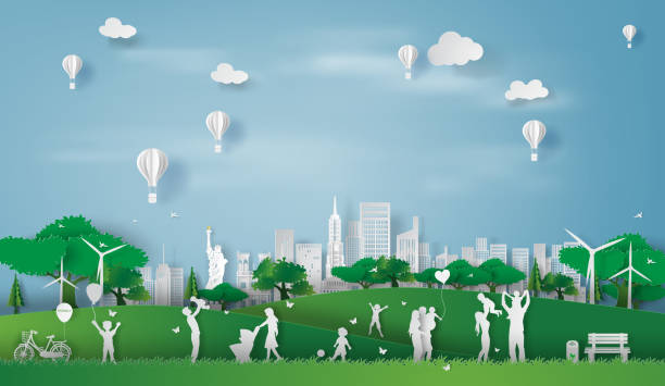 Paper art style of eco landscape in the New York City America with happy family having fun,People big family enjoy fresh air in outdoor park,illustration idea design ecology paper cut concept vector. Paper art style of eco landscape in the New York City America with happy family having fun,People big family enjoy fresh air in outdoor park,illustration idea design ecology paper cut concept vector. paper silhouettes stock illustrations