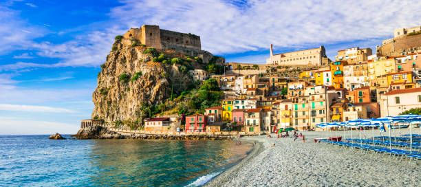Travel in Calabria, Scilla medieval town with great beach. South of Italy sea and scenic medieval towns of Calabria, south of Italy castle scilla stock pictures, royalty-free photos & images