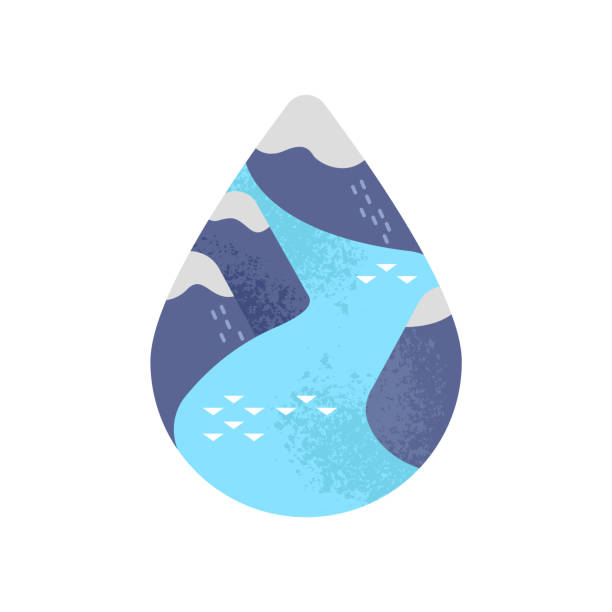 Water care concept of mountain river waterdrop Water environment illustration of blue mountain river inside waterdrop on isolated white background. Climate change and melting ice poles awareness concept. climate protest stock illustrations