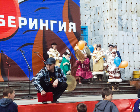 Bilibino, Chukotka, Russia - June 14, 2015: National Chukchi festivities of the indigenous peoples of Chukotka in Bilibino, Chukchi. Events and trade, National clothing.