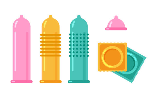 Different forms and types of condoms. Vector condom and packages icon. Contraception concept. Different forms and types of condoms isolated on white background. phallic object stock illustrations
