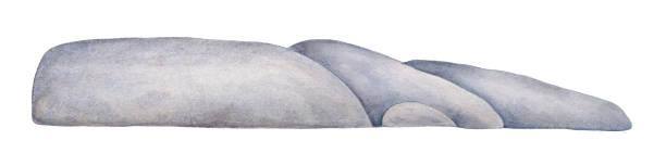 거 대 한 밝은 회색 바위 돌의 수평 라인입니다. 풍경, 바다, 자연 장면의 아름 다운 세부 사항. 흰색 배경, 디자인 장식을 위한 컷아웃 클립 아트 요소에 손으로 그린 물 색 그림. - illustration and painting stone cliff basalt stock illustrations
