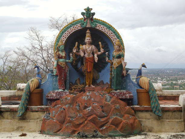 estátua de murugan, irmão de ganesh, com duas esposas e um pavão que monta o animal, india, tamil nadu - ganesha animal asia chennai - fotografias e filmes do acervo