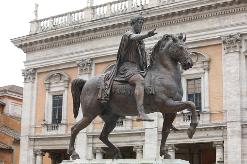 Rome, Italy - March 3, 2019: Statue of Marcus Aurelius with horse is an ancient Roman statue in the Capitoline Hill in Rome in Central Italy