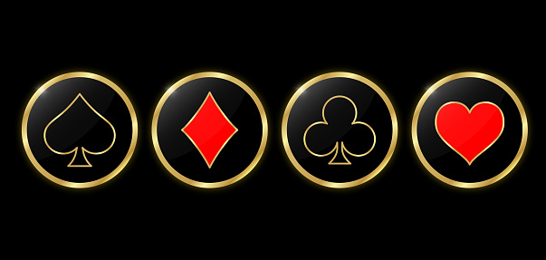 Set of round poker and casino icons. Suit golden deck of playing cards in the gold circle on black background. Vector illustration.