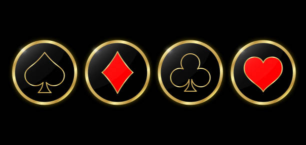 Set of round poker and casino icons. Suit golden deck of playing cards in the gold circle on black background. Set of round poker and casino icons. Suit golden deck of playing cards in the gold circle on black background. Vector illustration. clubs playing card illustrations stock illustrations