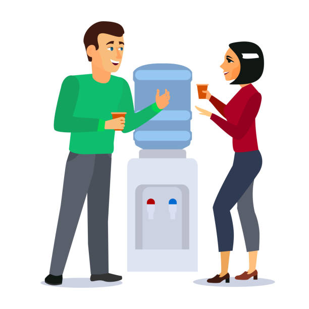 Cartoon Characters People around Water Cooler Gossip Concept. Vector Cartoon Characters People around Water Cooler Gossip Concept Corporate Talk and Conversation Element Flat Design Style. Vector illustration water cooler stock illustrations
