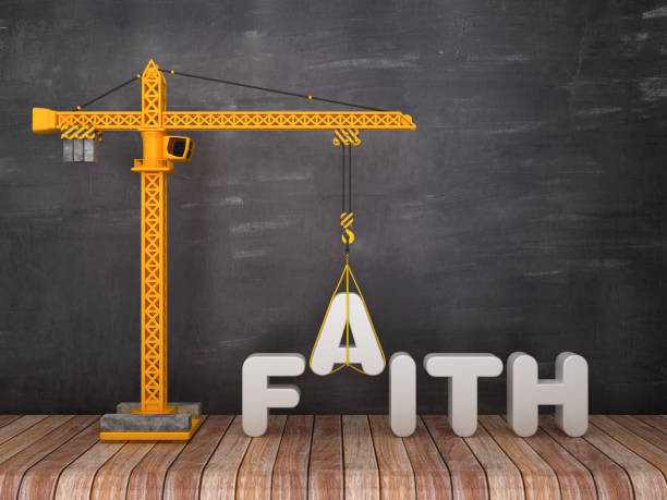 istock Tower Crane with FAITH Word on Chalkboard Background - 3D Rendering 1135582879