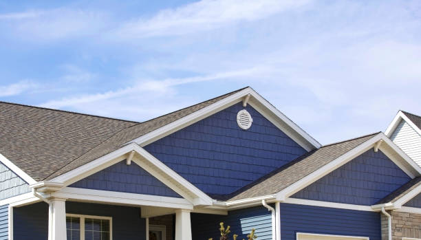 Blue sided contemporary home showing soffit, gutters, roofing, brickwork, and blue sky in the background.