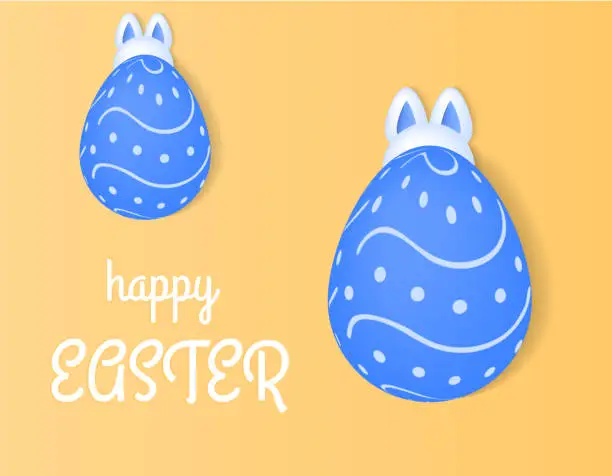 Vector illustration of Happy Easter vector illustration, bunnies hiding behind the eggs, light yellow background