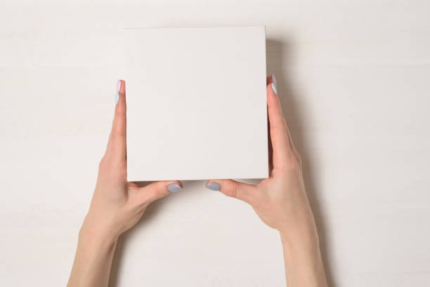 istock Small white cardboard box in female hands. Top view. White background 1135587942