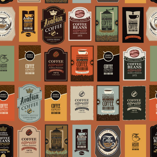 vector seamless pattern with various coffee labels Vector seamless pattern on coffee and coffee house theme with various labels in retro style. Can be used as wallpaper or wrapping paper label patterns stock illustrations