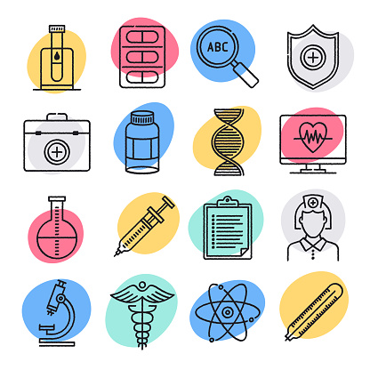 Clinical laboratory and epidemiology doodle style concept outline symbols. Line vector icon sets for infographics and web designs.