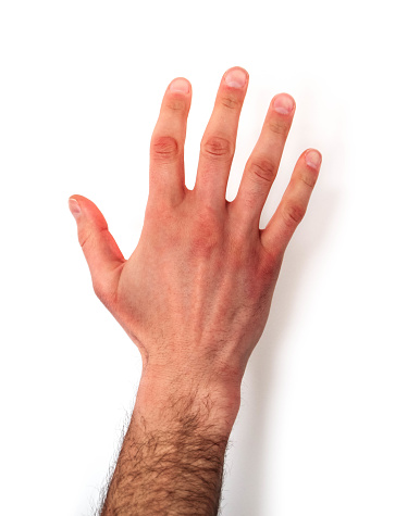 A hairy male hand showing five fingers, isolated on white handground.