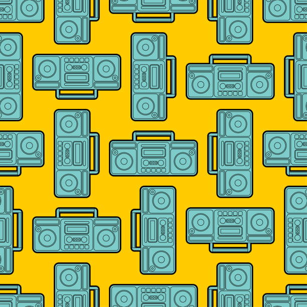istock Boombox pattern seamless. Retro recorder ornament. Cassette tape background 1135593912