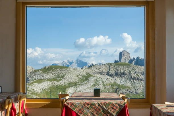 istock Romantic stylish restaurant table with beautiful view on the mountain range 1135597849