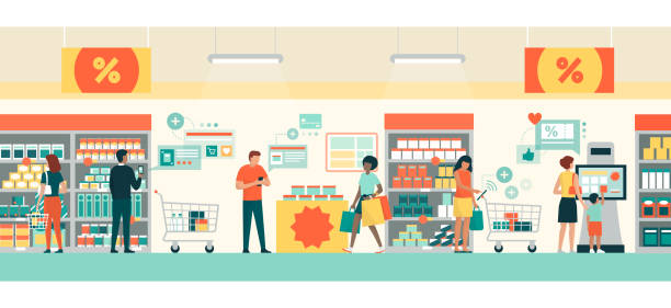 People doing grocery shopping using AR apps People doing grocery shopping at the supermarket, they are buying products using AR apps on their smartphones and tablets, retail and augmented reality concept groceries illustrations stock illustrations