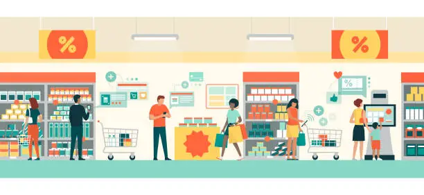 Vector illustration of People doing grocery shopping using AR apps