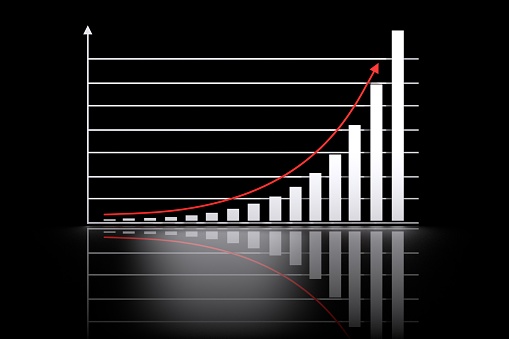 Illustration with mathematical exponential growth chart and red arrow pointing up on dark black background over reflective surface. 3d illustration.