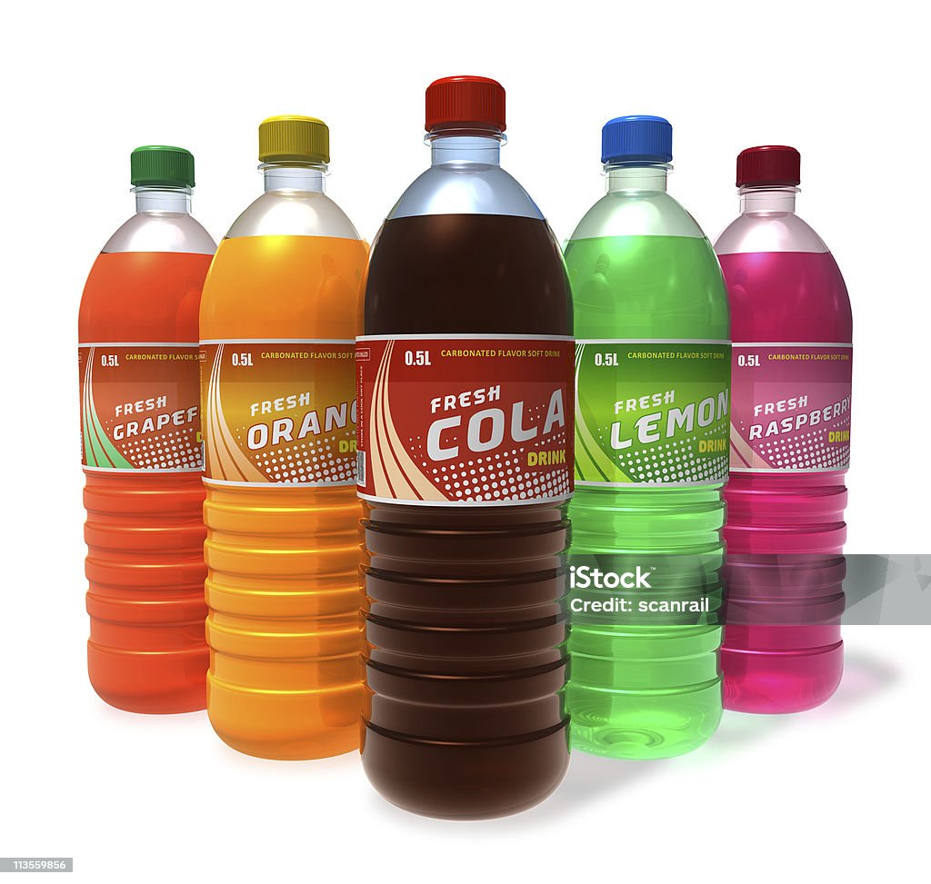 Set di rinfrescanti bevande in bottiglie di plastica - Foto stock royalty-free di Bibita gassata all'arancia