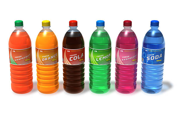 set of refreshing drinks in plastic bottles - frisdrank-fotos stockfoto's en -beelden