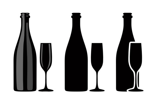 illustrations, cliparts, dessins animés et icônes de silhouette de bouteille de champagne et de verre. illustration vectorielle - wineglass illustration and painting isolated on white clipping path