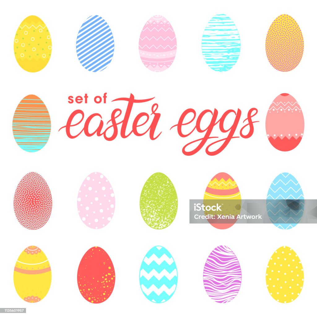 Set of easter different colorful eggs Set of easter different colorful eggs.Easter holiday hand drawn elements perfect for prints, flyers,banners,invitations,special offer and more.Easter eggs icons.Vector illustration. Art stock vector