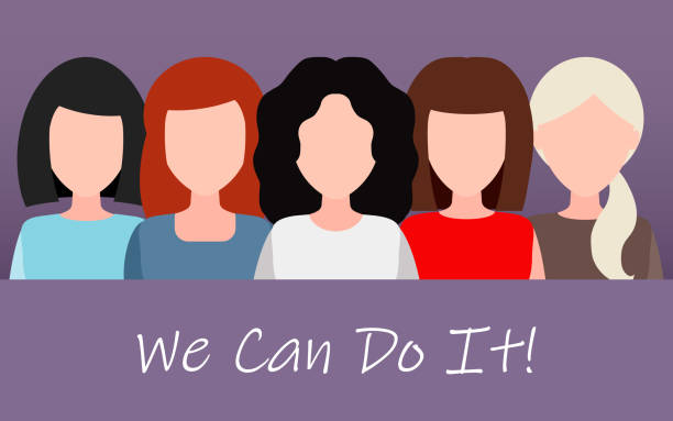 We Can Do It. Symbol of female power, woman rights, protest, feminism. Vector. We Can Do It poster. Strong girl. Symbol of female power, woman rights, protest, feminism. Vector illustration. Group of women without a face. rosie the riveter cartoon stock illustrations