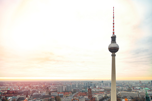 Top view of Television tower Fernsehturm in Berlin on Alexanderplatz in winter or spring