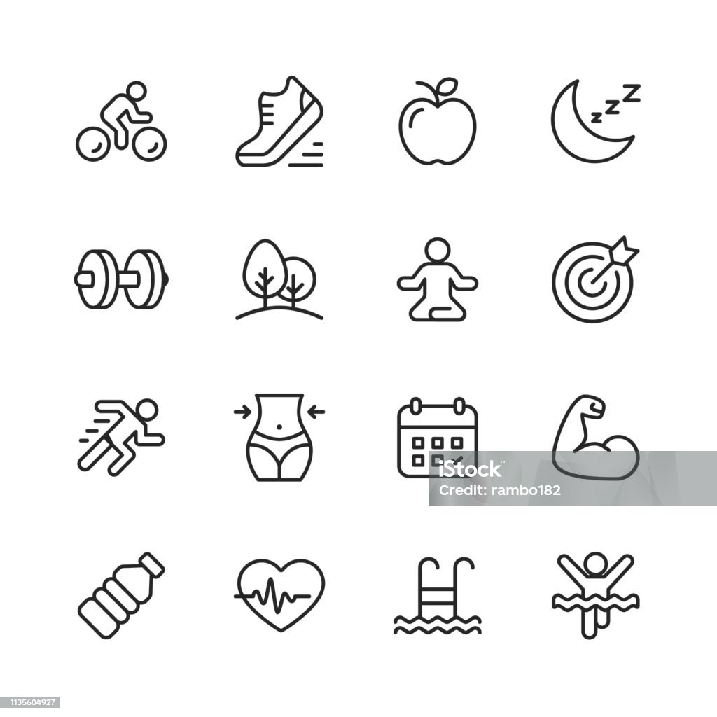 Fitness and Workout Line Icons. Editable Stroke. Pixel Perfect. For Mobile and Web. Contains such icons as Running, Swimming, Exercising, Gym, Diet. - Royalty-free Símbolo de ícone arte vetorial