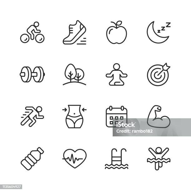 Fitness And Workout Line Icons Editable Stroke Pixel Perfect For Mobile And Web Contains Such Icons As Running Swimming Exercising Gym Diet - Arte vetorial de stock e mais imagens de Símbolo de ícone