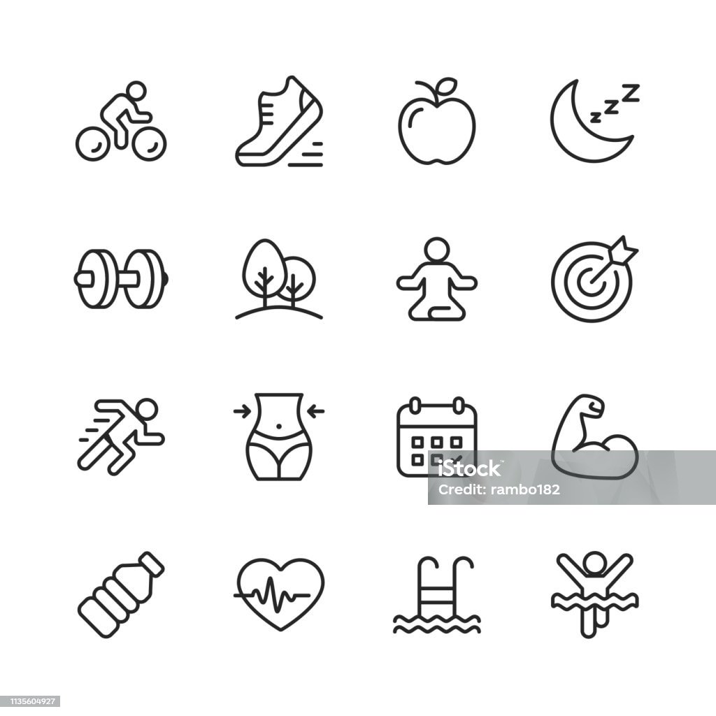 Fitness and Workout Line Icons. Editable Stroke. Pixel Perfect. For Mobile and Web. Contains such icons as Running, Swimming, Exercising, Gym, Diet. 16 Fitness and Workout Line Icons. Icon stock vector