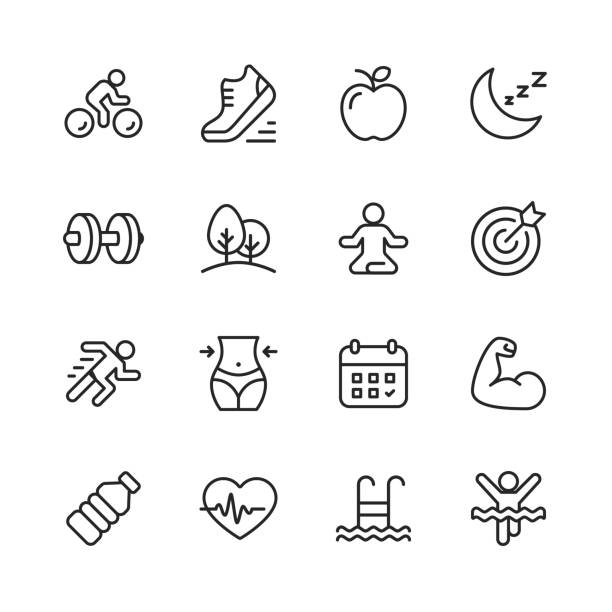 Fitness and Workout Line Icons. Editable Stroke. Pixel Perfect. For Mobile and Web. Contains such icons as Running, Swimming, Exercising, Gym, Diet. 16 Fitness and Workout Line Icons. health club stock illustrations