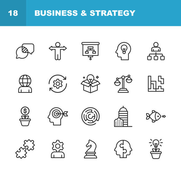 ilustrações de stock, clip art, desenhos animados e ícones de business and strategy line icons. editable stroke. pixel perfect. for mobile and web. contains such icons as business strategy, business management, time management, office building, corporate development. - time and money