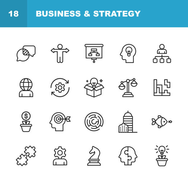 Business and Strategy Line Icons. Editable Stroke. Pixel Perfect. For Mobile and Web. Contains such icons as Business Strategy, Business Management, Time Management, Office Building, Corporate Development. 20 Business and Strategy Line Icons. puzzle icons stock illustrations