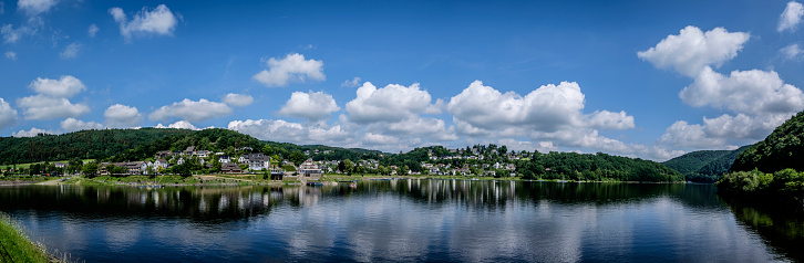 Panorama of Rurberg, District of Simmerath located at the Rursee Reservoir Lake in the „cities region“ Aachen, Germany