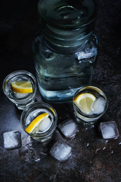 istock Vodka. Shots, glasses with vodka and lemon with ice .Dark stone background. Vertical image. 1135608985