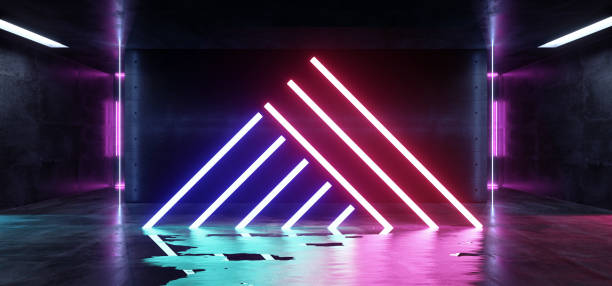 istock Neon Spectrum Retro Sci Fi Modern Spaceship Triangle Shaped Fluorescent Laser Lights Red Purple Blue Reflective Grunge Concrete Room Tunnel Hall Garage 3D Rendering 1135609026