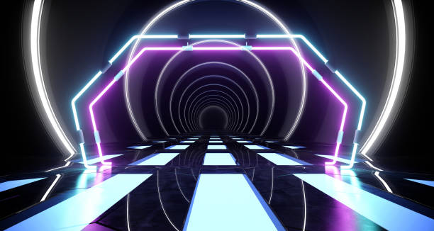 istock Futuristic Background Neon Retro Modern Alien Spaceship Circle Shaped Tunnel Corridor Glowing  Lights Lasers Purple Pink Blue Reflective Materials 3D Rendering 1135609448