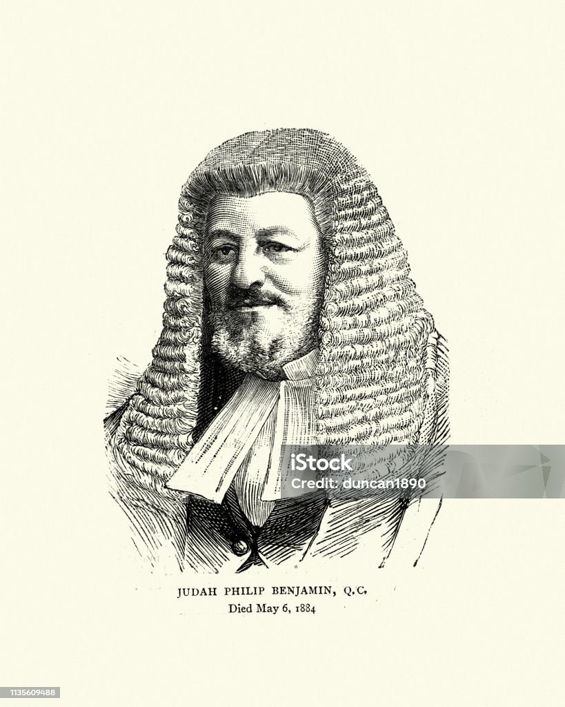 Judah Philip Benjamin, OC Vintage engraving of Judah Philip Benjamin, QC (August 11, 1811 – May 6, 1884) was a lawyer and politician who was a United States Senator from Louisiana, a Cabinet officer of the Confederate States and, after his escape to the United Kingdom at the end of the American Civil War, an English barrister. Lawyer stock illustration