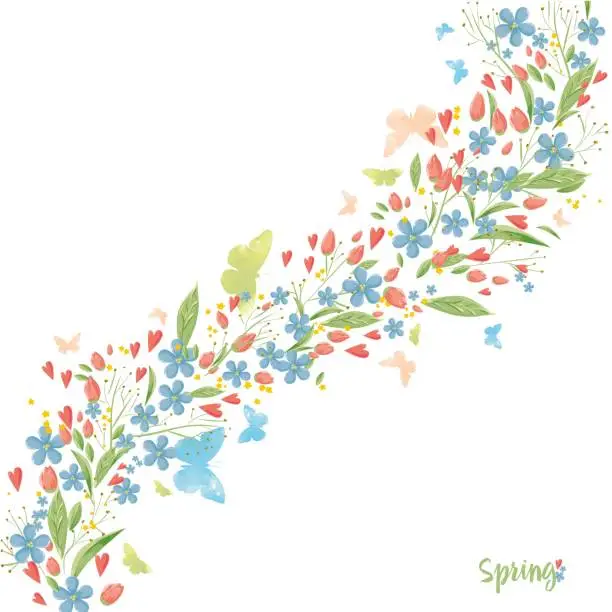 Vector illustration of spring colored flowers and aquarell butterfly