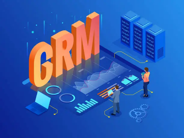 Vector illustration of Isometric CRM web banner. Customer relationship management concept. Business Internet Technology vector illustration