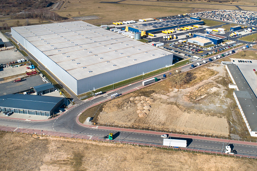 Large industrial area, logistics industry buildings - aerial view