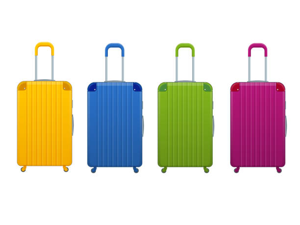 Different colorful Business and family vacation travel luggage bag, handbag baggage modern. Set of suitcases and backpacks isolated on white. Different colorful Business and family vacation travel luggage bag, handbag baggage modern. Set of suitcases and backpacks isolated on white yellow belt stock illustrations