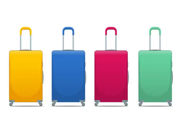 Vector illustration of Different colorful Business and family vacation travel luggage bag, handbag baggage modern. Set of suitcases and backpacks isolated on white.